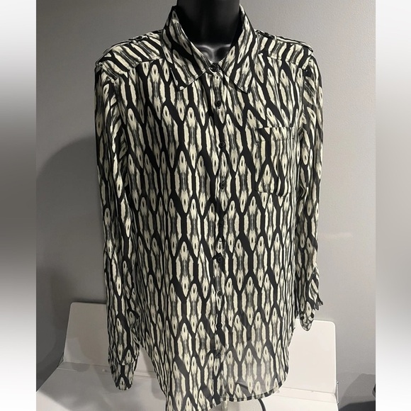 Guess London Sleeve Sheer Button Up Blouse with Roll Tab Sleeves, Large - Picture 1 of 13
